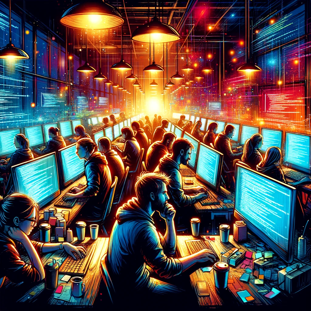 A vivid and engaging illustration depicting a team of software developers working late into the night in a dimly lit room filled with glowing computer