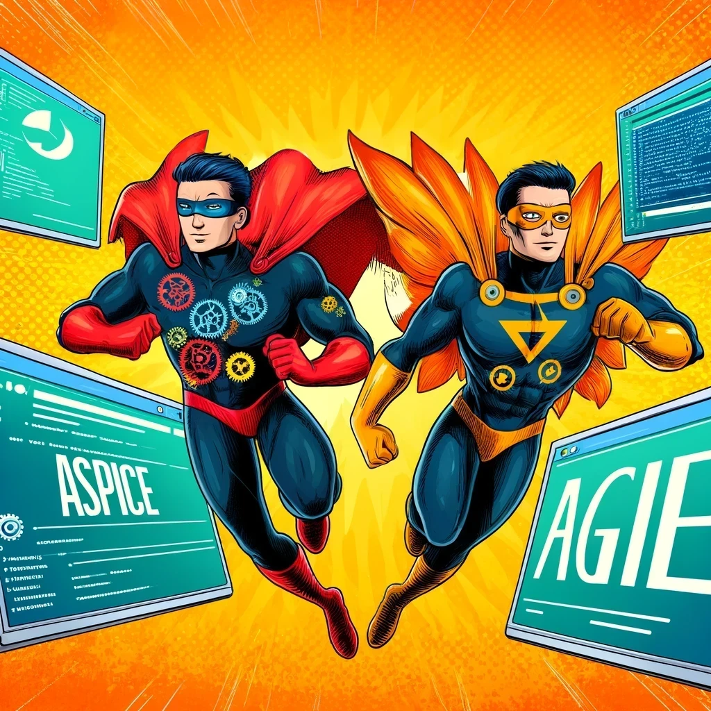 A comic book style illustration depicting the integration of ASPICE and Agile methodologies